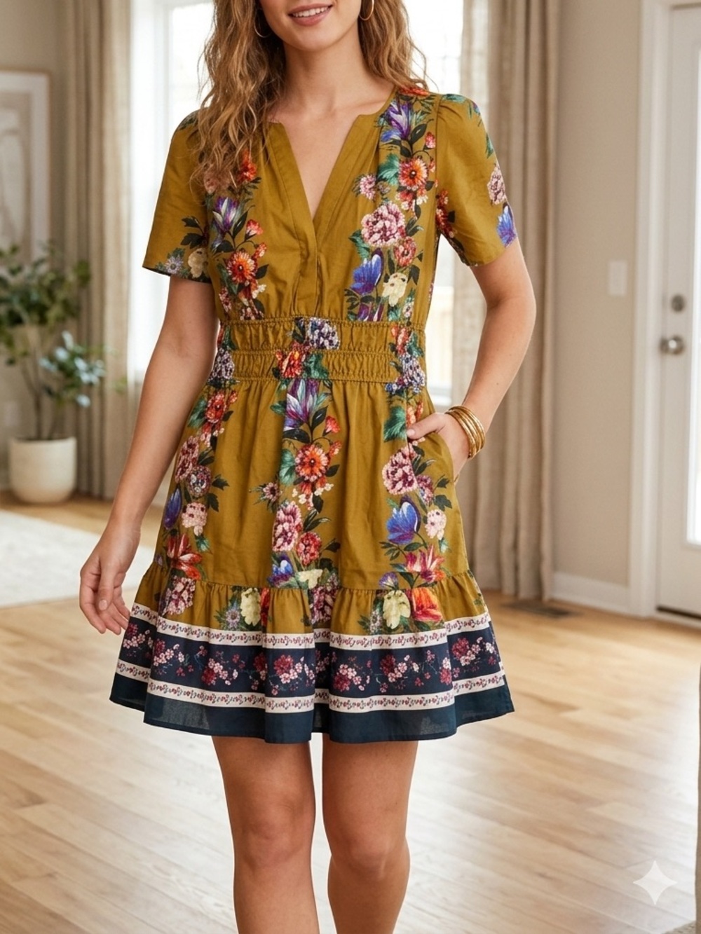 NWT Anthropologie The Somerset Mini Dress Olive Floral Puff Sleeve Smocked❤️